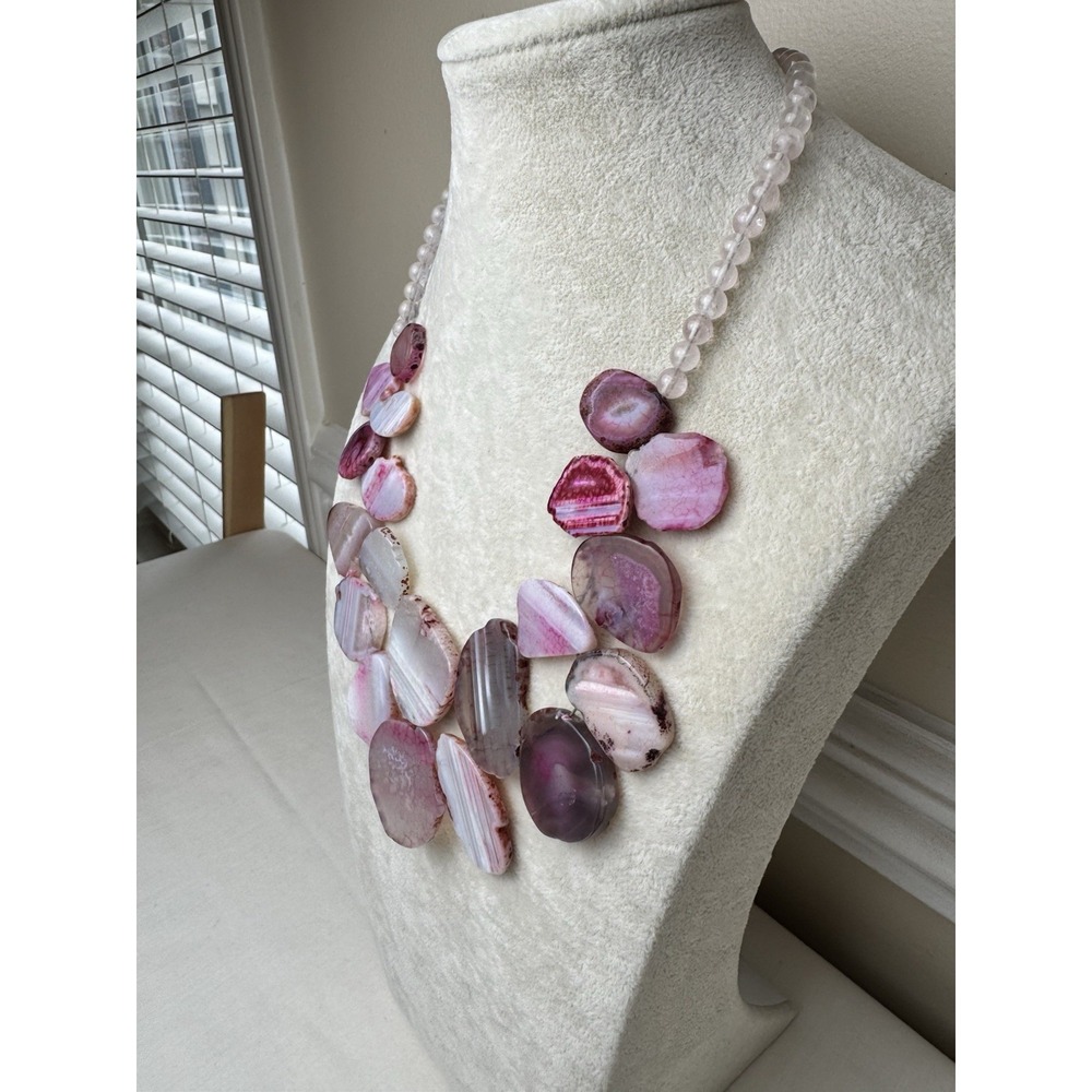 Pink Agate Slice Statement Bib Necklace Rose Quartz Beaded Boho Jewelry - Picture 3 of 12